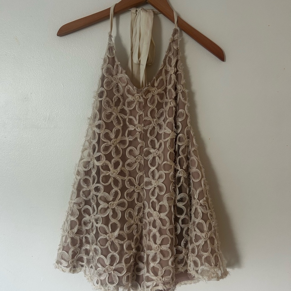 C’isa- women’s Lace Floral Halter Romper in Taupe & Cream